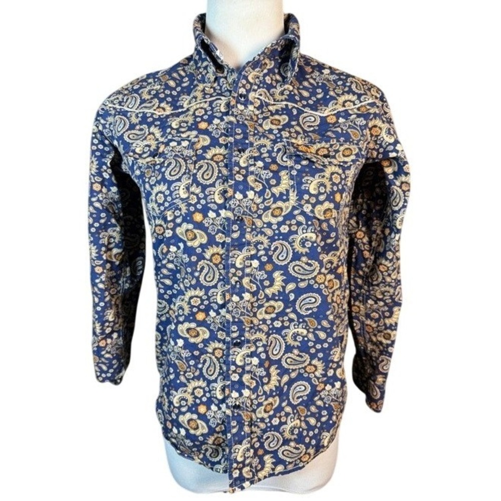 Cowboy Hardware Womens Navy Paisley Western Snap Button Shirt Size L Long‎ Slv